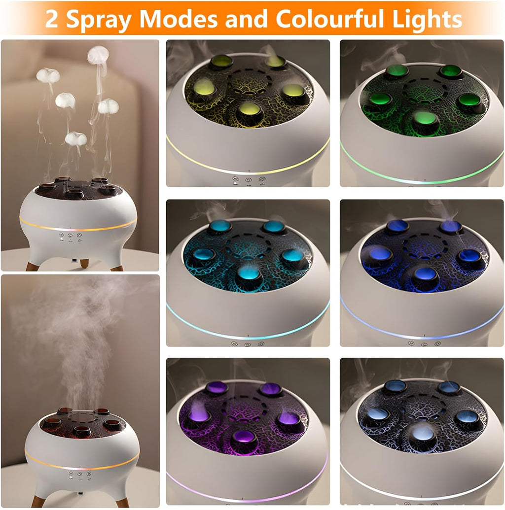 A collage showing a white round misting or diffuser device in multiple modes, with steam coming out and colorful internal lights in yellow, green, blue, purple, and black. Text at the top reads '2 Spray Modes and Colourful Lights'.