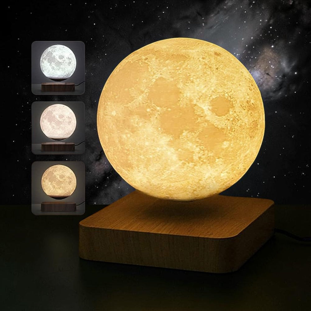 A glowing moon lamp with a textured spherical moon design resting on a square wooden base, shown against a dark starry space background. Three smaller inset images on the left show the moon lamp glowing in different brightness modes.
