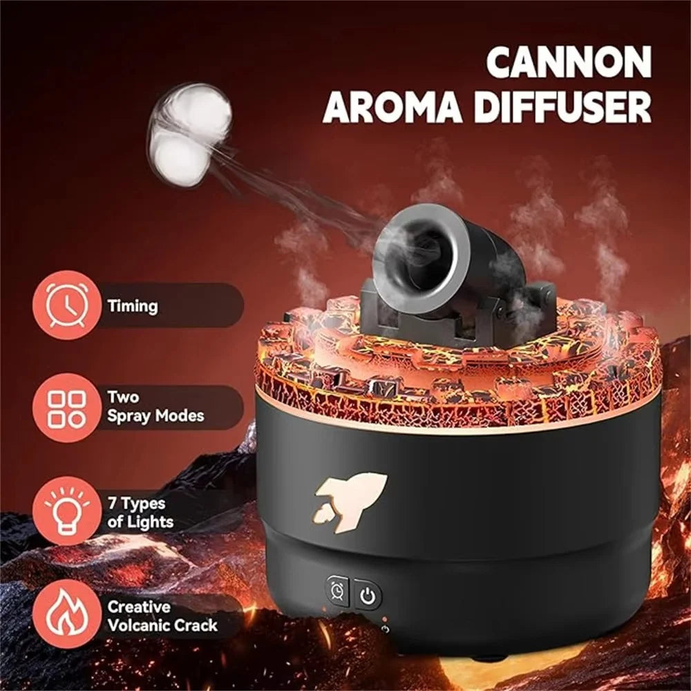 Cannon-shaped aroma diffuser with features highlighted on a dark background